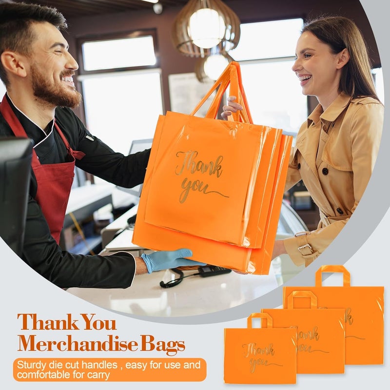 Teling 200 Pcs Thanks Bags with Handle Bulk Thank You Merchandise Bags 3 Size Plastic Packet Retail Shopping Package for Boutique 9 x 12'', 12 x 15'', 15 x 18''(Orange) - Image 4